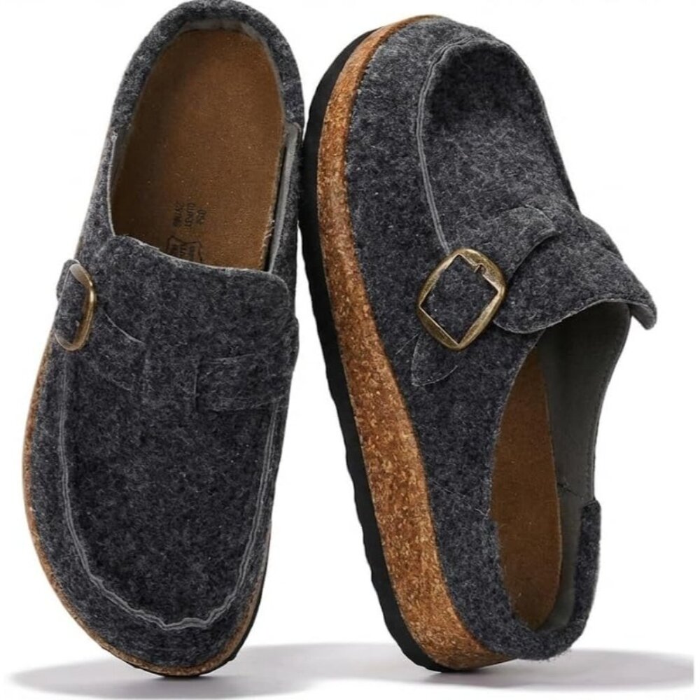〽️Women's Moccasin-Style Clogs Mules Dark Grey Flannel Closed Toe Slip-on Shoes